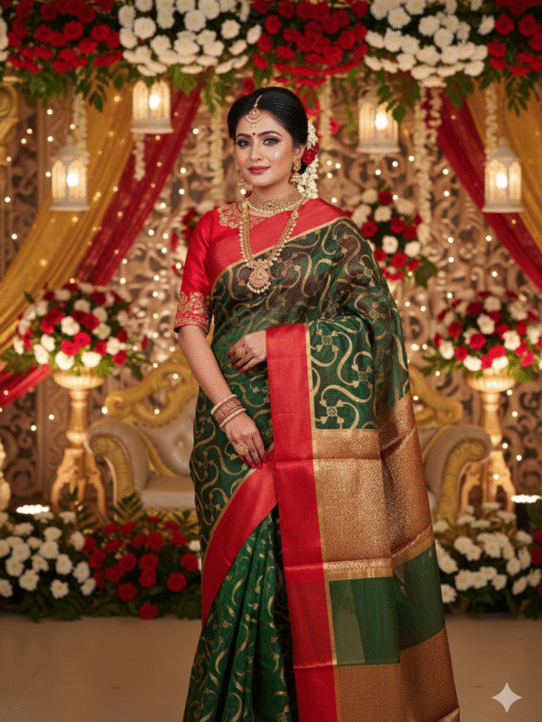 Boutique Piece Bottle Green Saree with Red Border- The Closet Saree