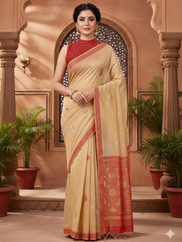 Golden Saree with Red Border- The Closet Saree