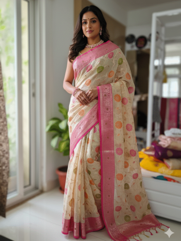 8. Attractive Kota Doriya Saree in off-white & pink, featuring all-over floral design that gives a rich tissue saree look – extremely attractive and perfect for festivals.