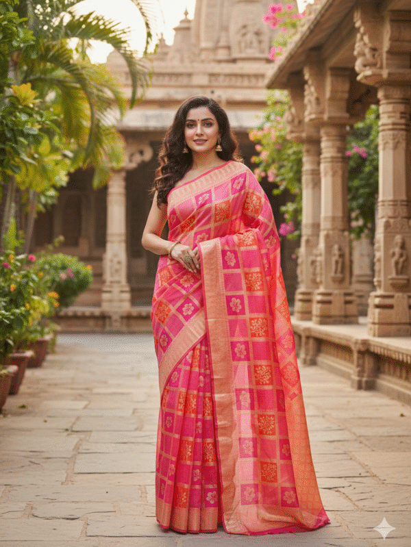Saree with vibrant blend of red, pink, orange & golden hues with shimmering zari checks