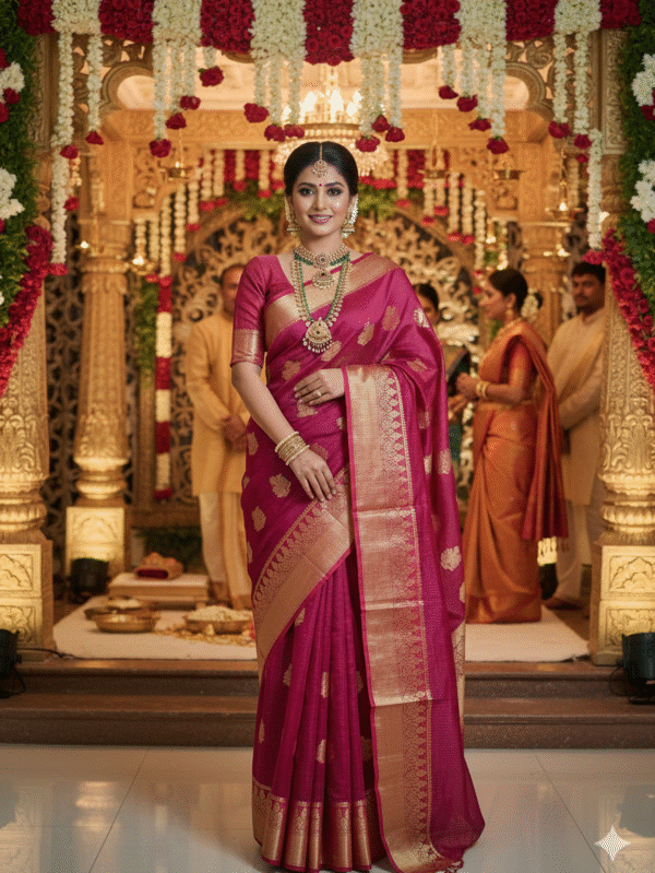 Magenta Saree with exquisite allover Golden Booty Work | The Closet Saree