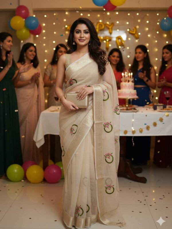 Trendy Beige Saree adorned with elegant Green and Pink work all over.