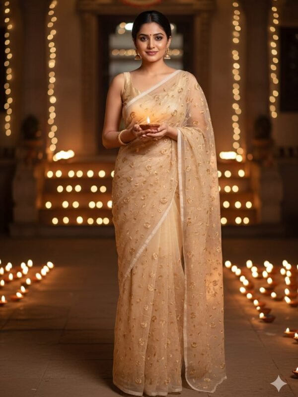 Sophisticated Beige Kota Doriya saree with Intricate self-Machine Work all over