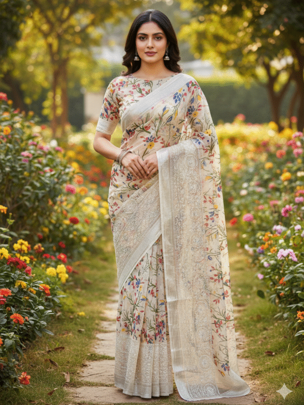Elegant light weight Beige Saree with intricate thread work along the borders and bottom