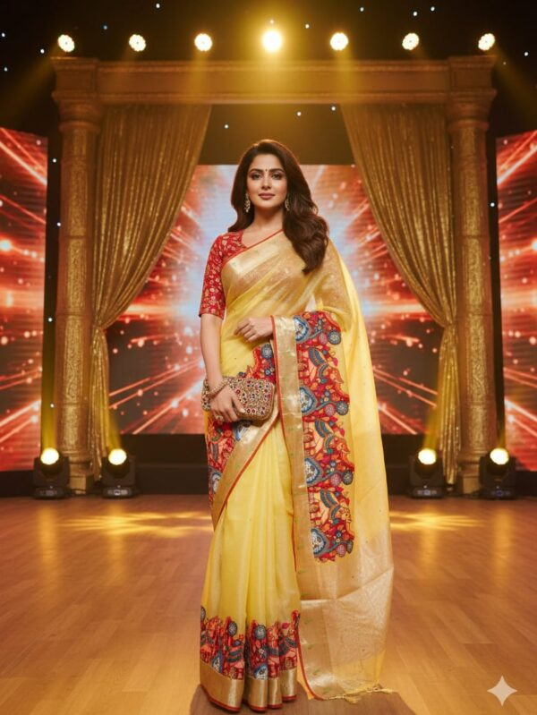 Golden Yellow Kota Doriya saree featuring exquisite Royal designs on the borders