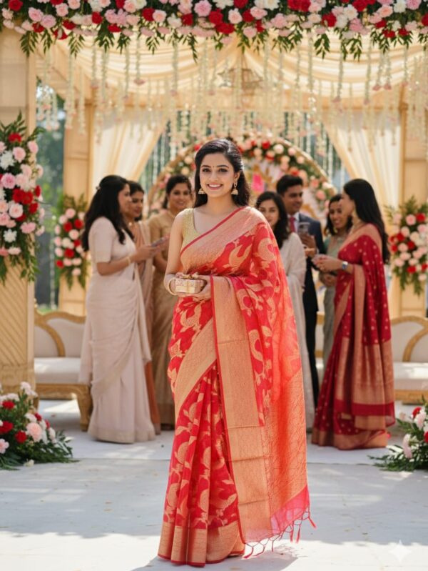 Royal and Luxurious Orange, Pink & Red blended Saree with intricate all-over Zari work - The Closet Saree