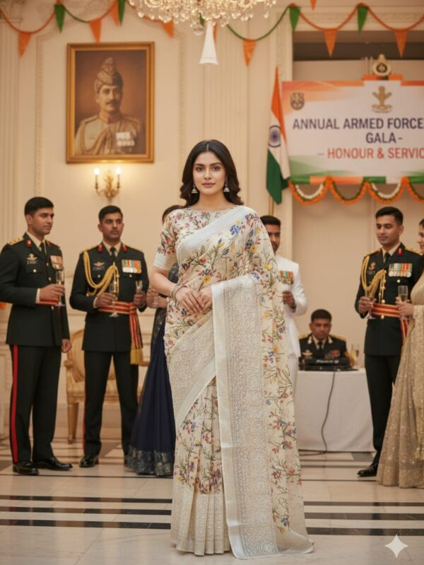 Elegant Beige Saree with intricate thread work along the borders and bottom