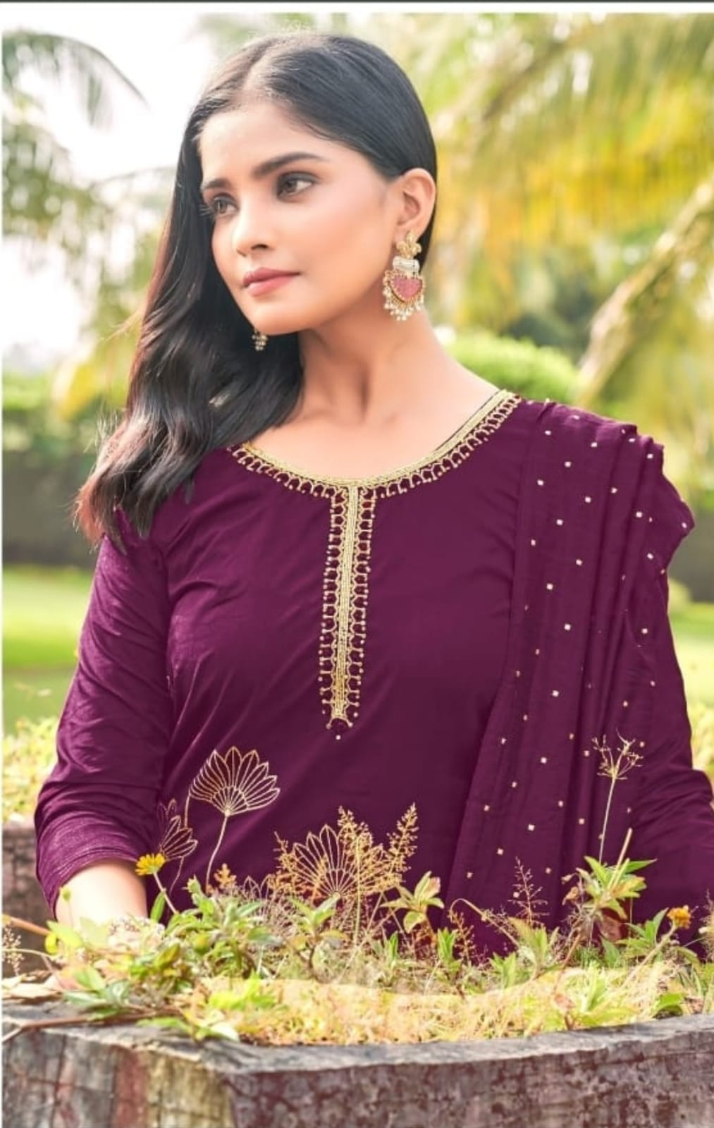 Party Wear Suit Set with Finely Embroidered Neckline and a heavy digital print on kurta bottom & on dupatta. A must-have outfit that blends sophistication with festive charm