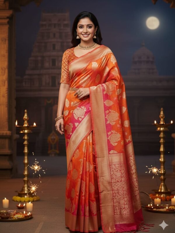 Royal and Luxurious Orange, Pink & Red blended Saree with intricate all-over Zari work
