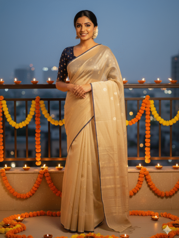 Stunning Golden Kota Doriya Saree with elegant self-print, paired with a Rich Royal Blue blouse