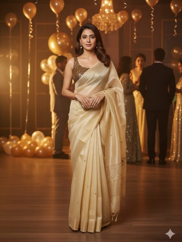 A Stunning Party Wear Saree in Light Copper with a Subtle Shimmer