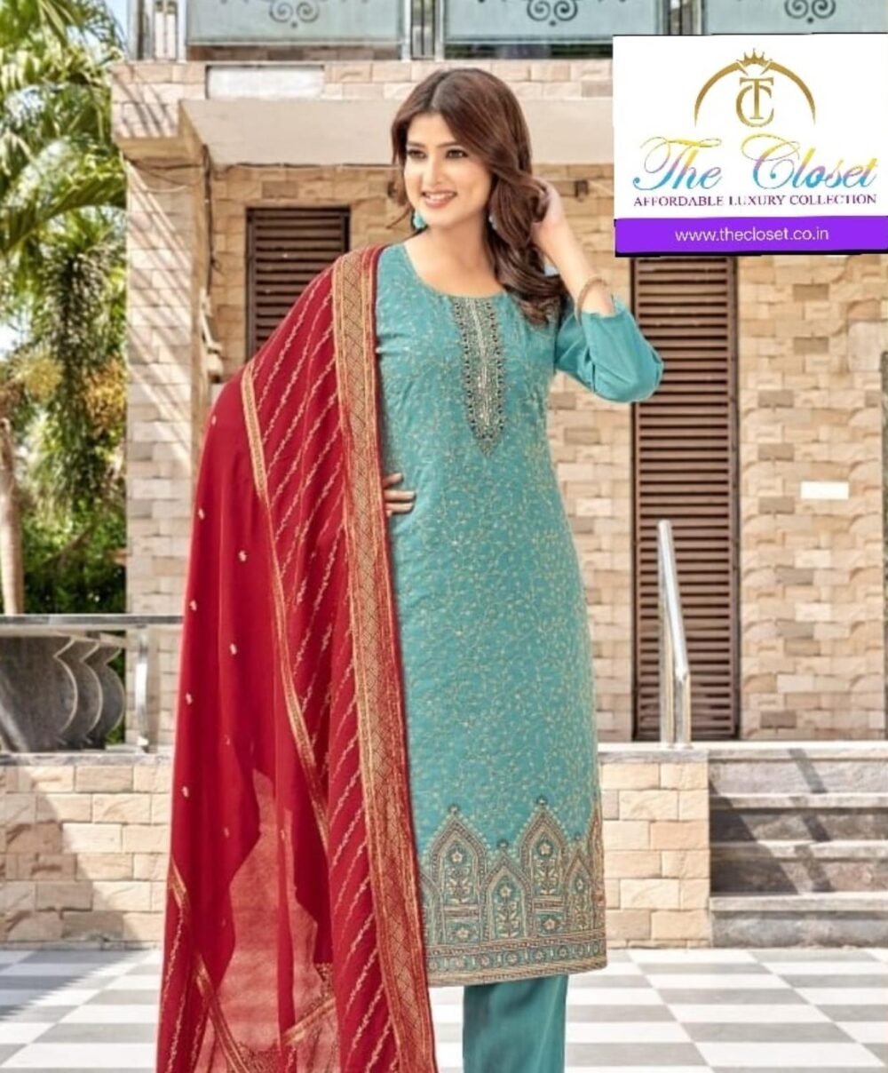 A Graceful Women’s Suit Set featuring Intricate Neck Embroidery Work
