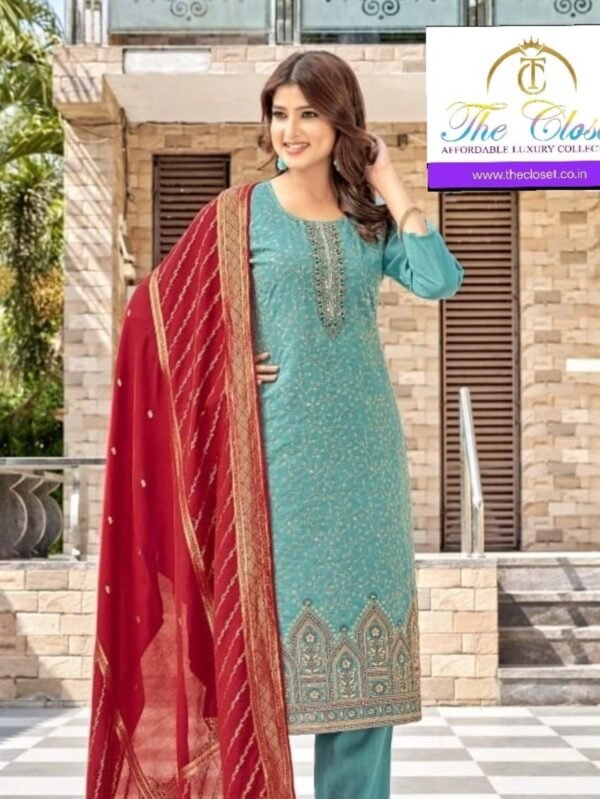 A Graceful Women’s Suit Set featuring Intricate Neck Embroidery Work