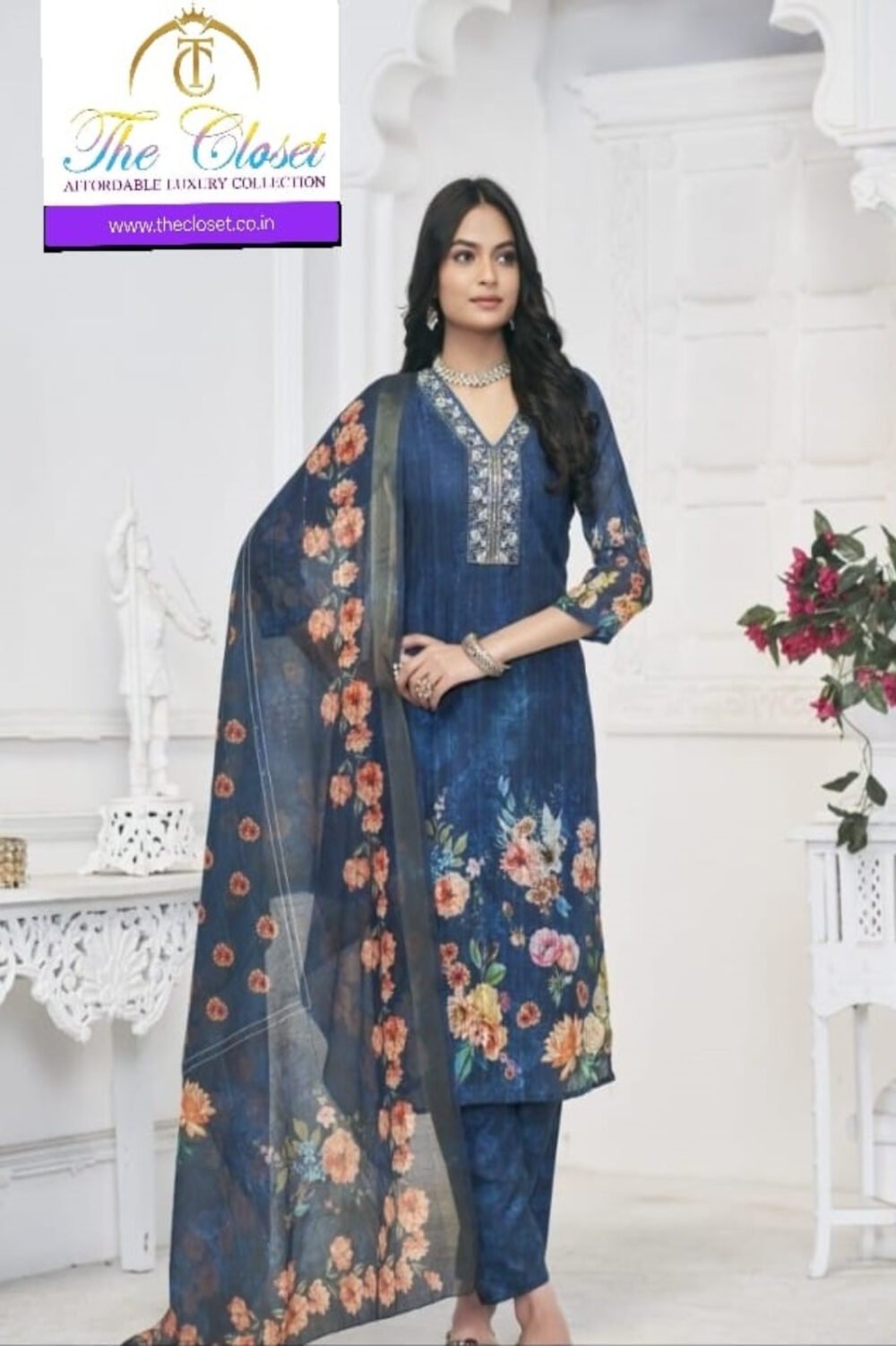 Gorgeous women’s suit set featuring delicate embroidery on the neckline