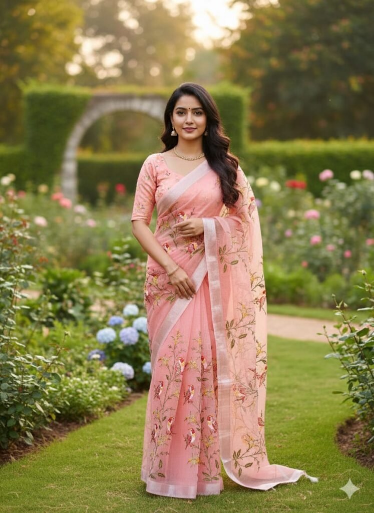 1. Elegant peach Kota Doriya saree with delicate thread work