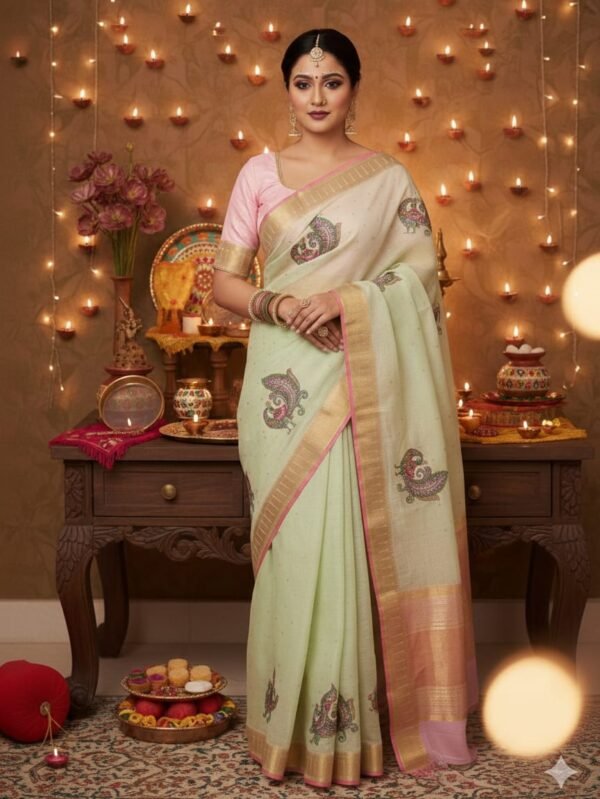 Party Wear Saree in the softest Pista Green comes with a Baby Pink Blouse and Pallu