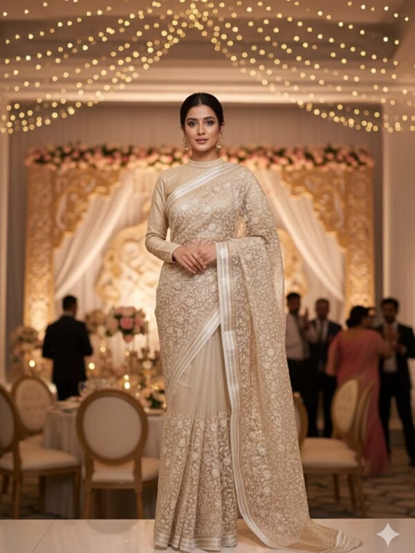 A Royal and Luxurious Beige Saree, crafted by one of India’s top designers