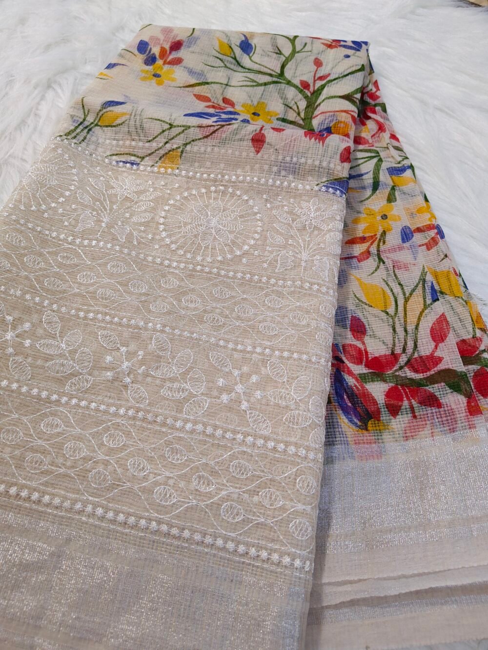 Elegant Beige Saree with intricate thread work along the borders and bottom - Image 3