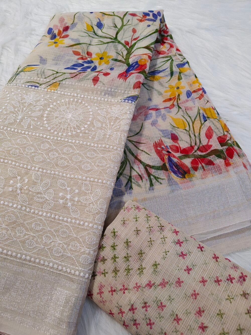 Elegant Beige Saree with intricate thread work along the borders and bottom - Image 2