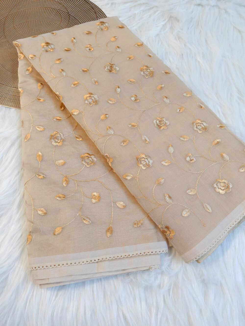Sophisticated Beige Kota Doriya Saree with Intricate Self-Machine Work All Over - Image 3