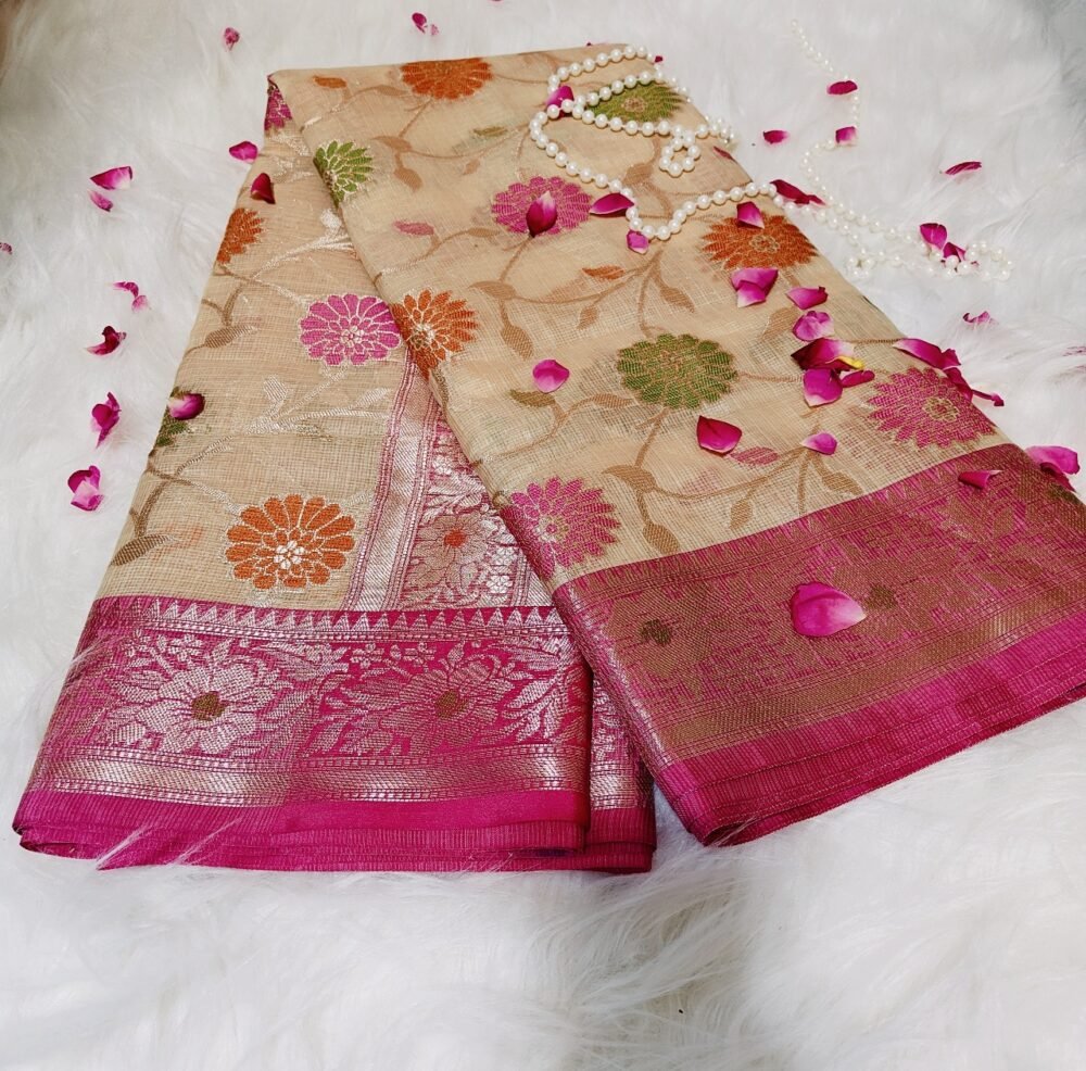 Off-white Saree with pink border, featuring all-over floral design - The Closet Saree - Image 2