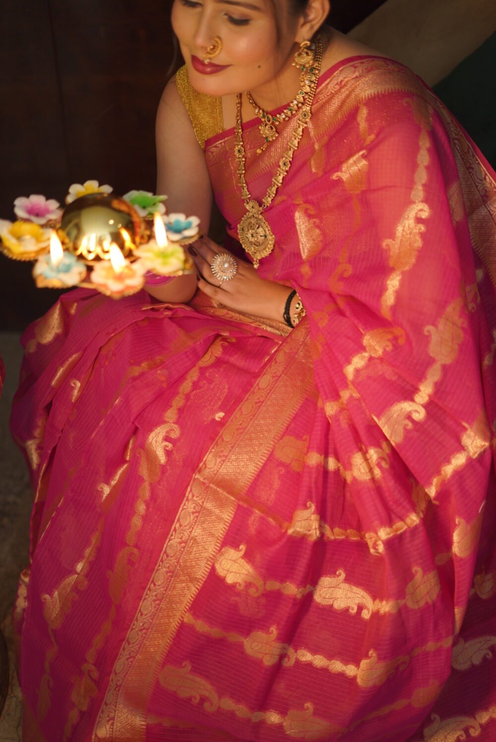 Rani Pink Kota Doriya Saree with Golden Zari Woven All Over l The Closet Saree - Image 2