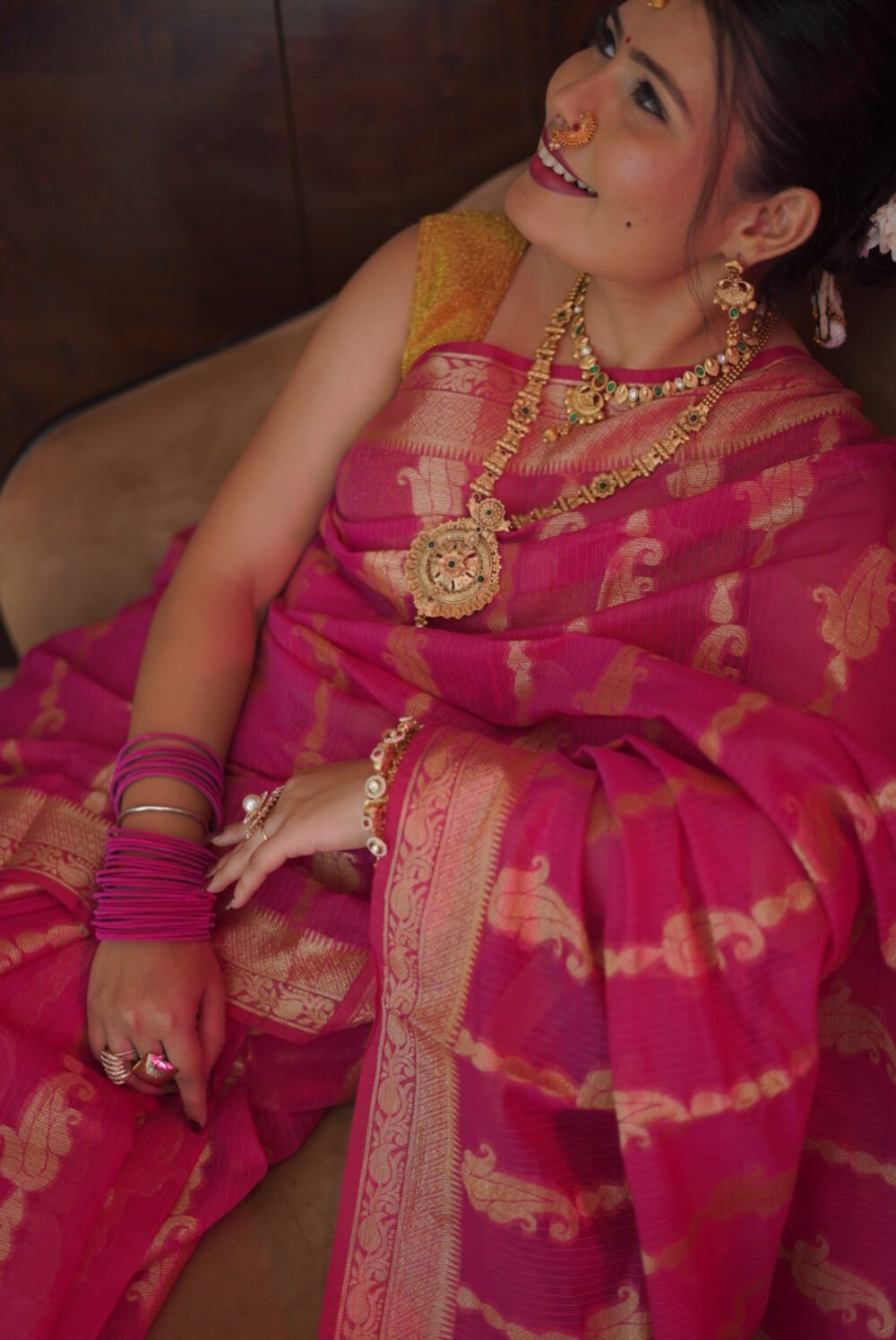 Rani Pink Kota Doriya Saree with Golden Zari Woven All Over l The Closet Saree - Image 3