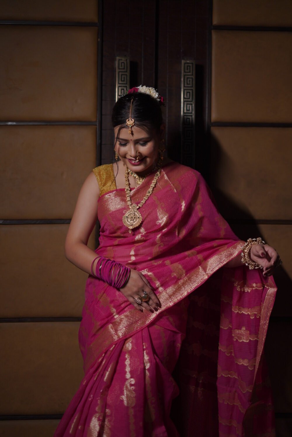 Rani Pink Kota Doriya Saree with Golden Zari Woven All Over l The Closet Saree - Image 4