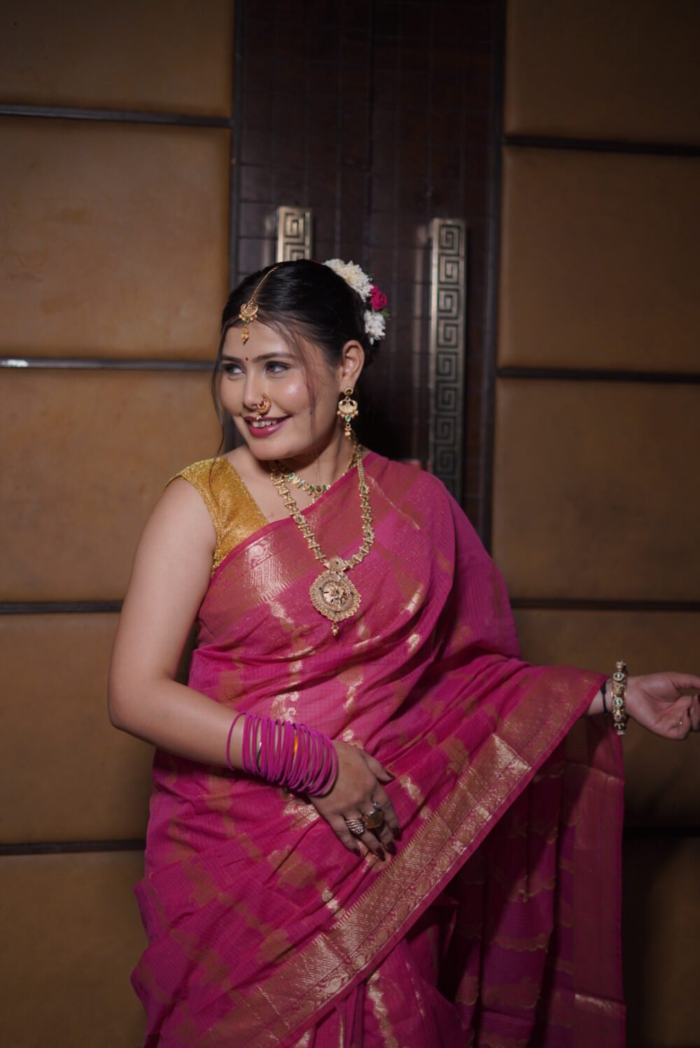 Rani Pink Kota Doriya Saree with Golden Zari Woven All Over l The Closet Saree - Image 5