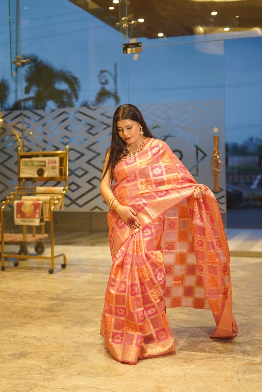 A vibrant blend of Red, Pink, Orange & Golden hues with Shimmering Zari - Image 2