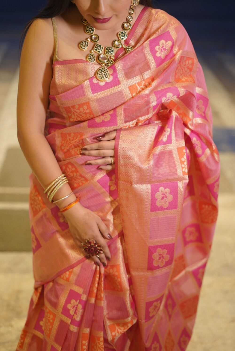 A vibrant blend of Red, Pink, Orange & Golden hues with Shimmering Zari - Image 3