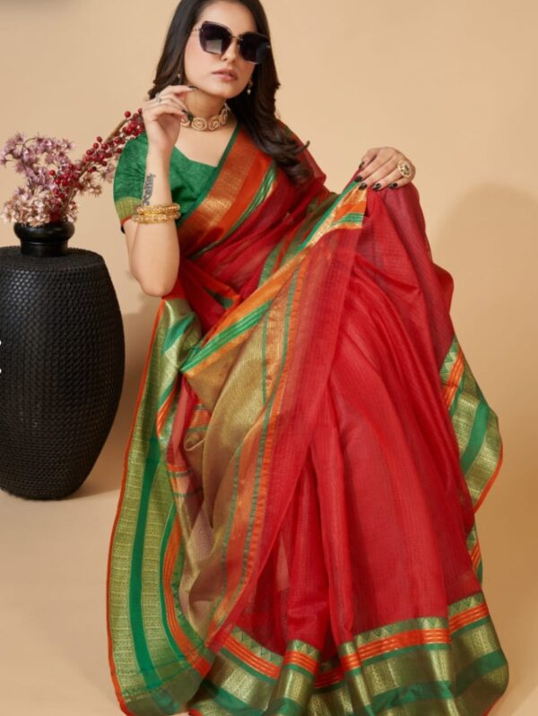 Red Color Kota Doriya Saree with Zari Weaving Work