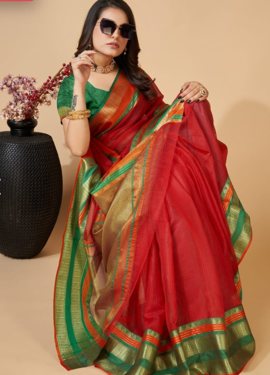 Red Color Kota Doriya Saree with Zari Weaving Work