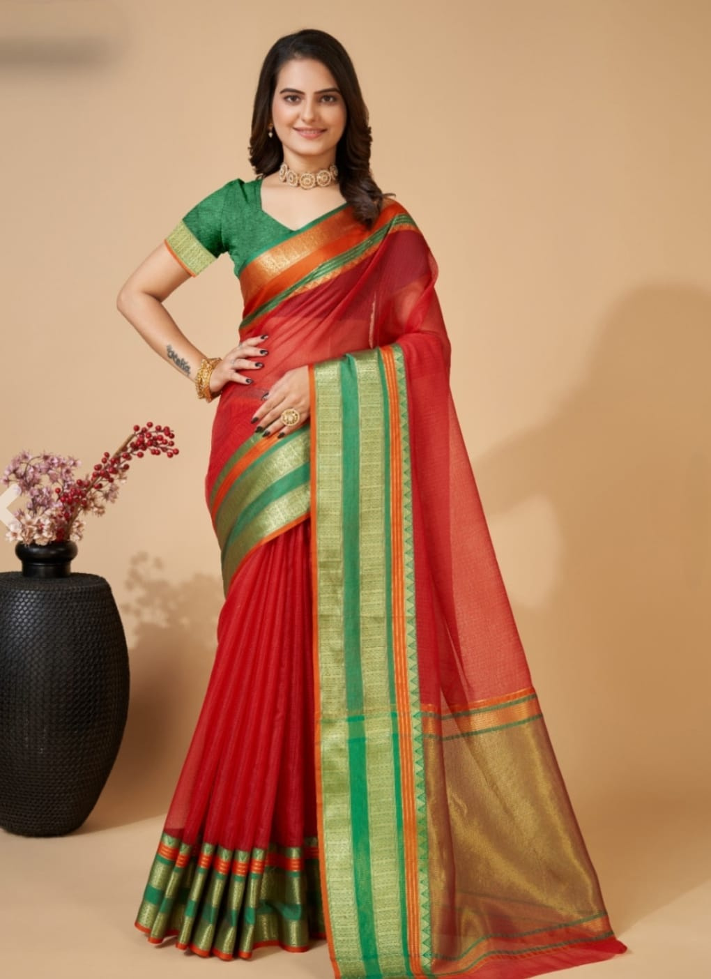 Red Color Kota Doriya Saree with Zari Weaving Work - Image 2
