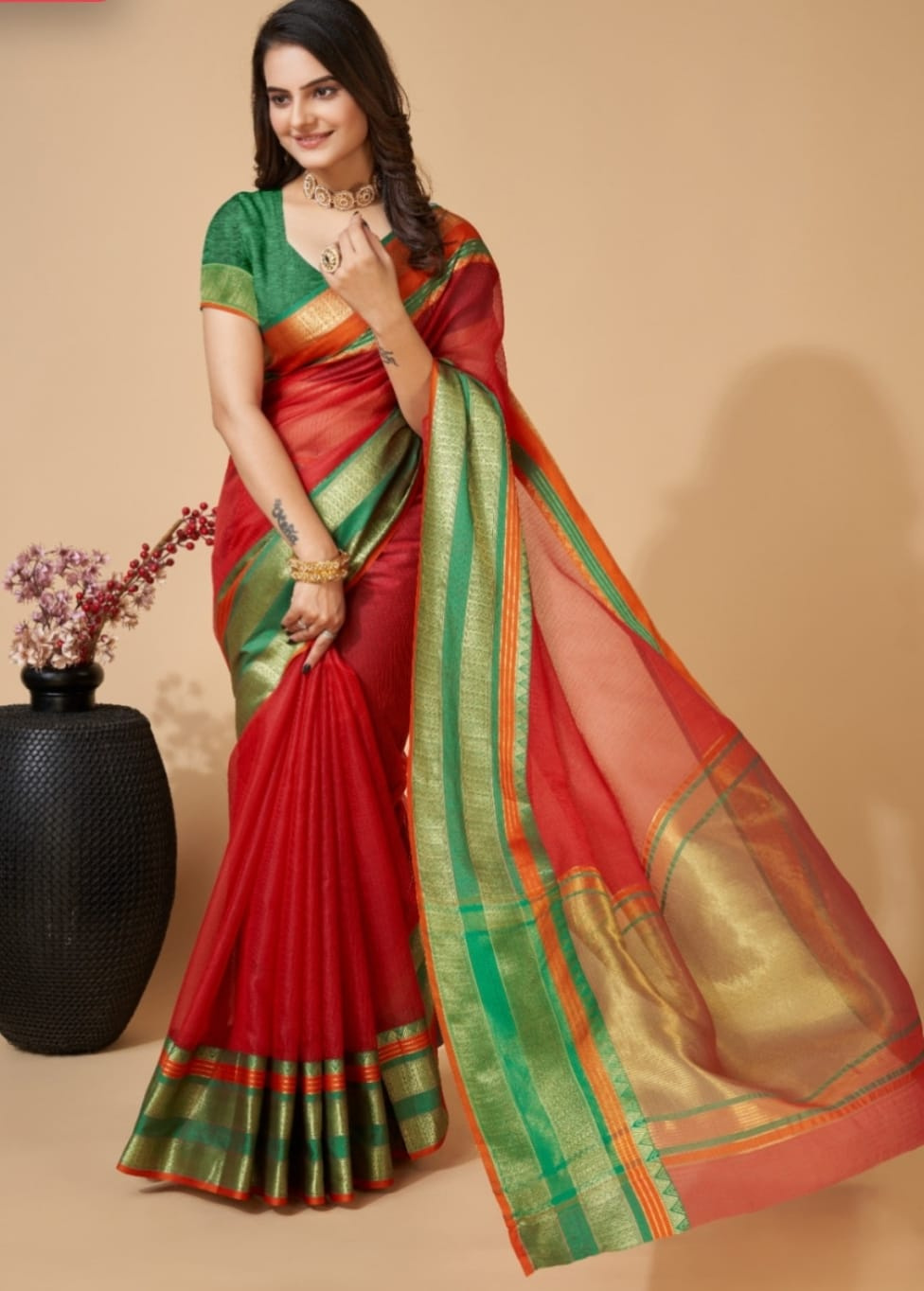 Red Color Kota Doriya Saree with Zari Weaving Work - Image 3