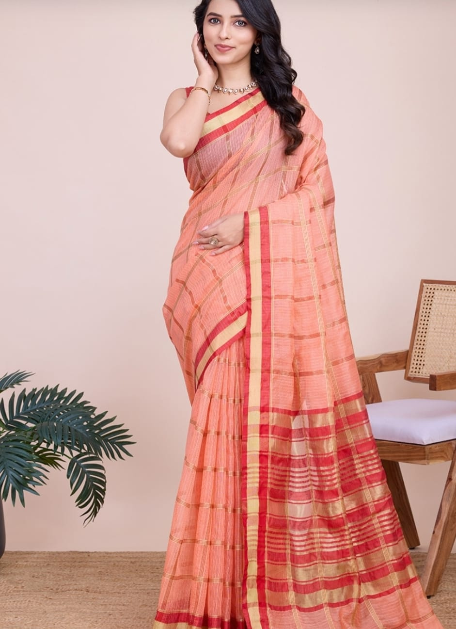 Yellow Color Kota Doriya Saree with Zari Weaving Work