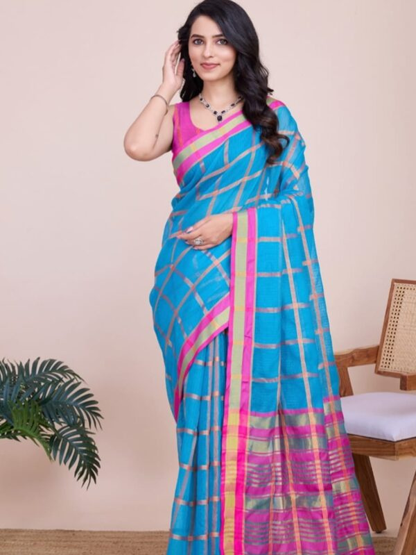 Yellow Color Kota Doriya Saree with Zari Weaving Work