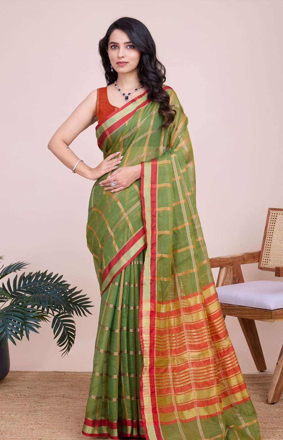 Yellow Color Kota Doriya Saree with Zari Weaving Work - Image 4