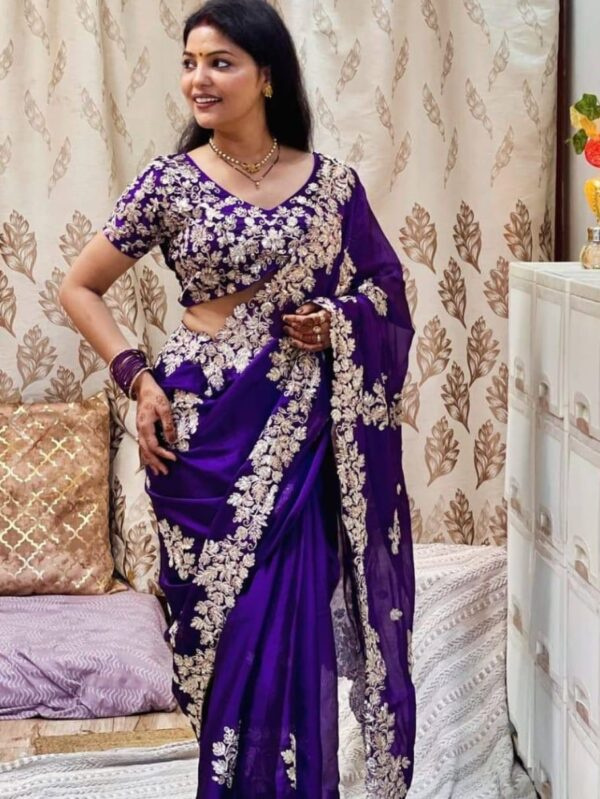 Purple Silk Saree with Embroidery & Sequence Work with Stitched Blouse
