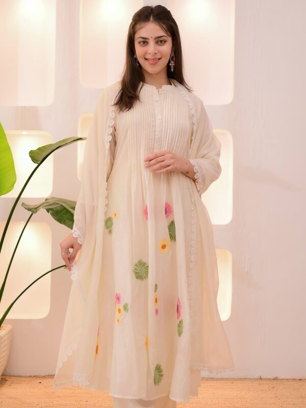 Beautiful Ivory Pastel Floral Pure Cotton Suit Set with Dupatta