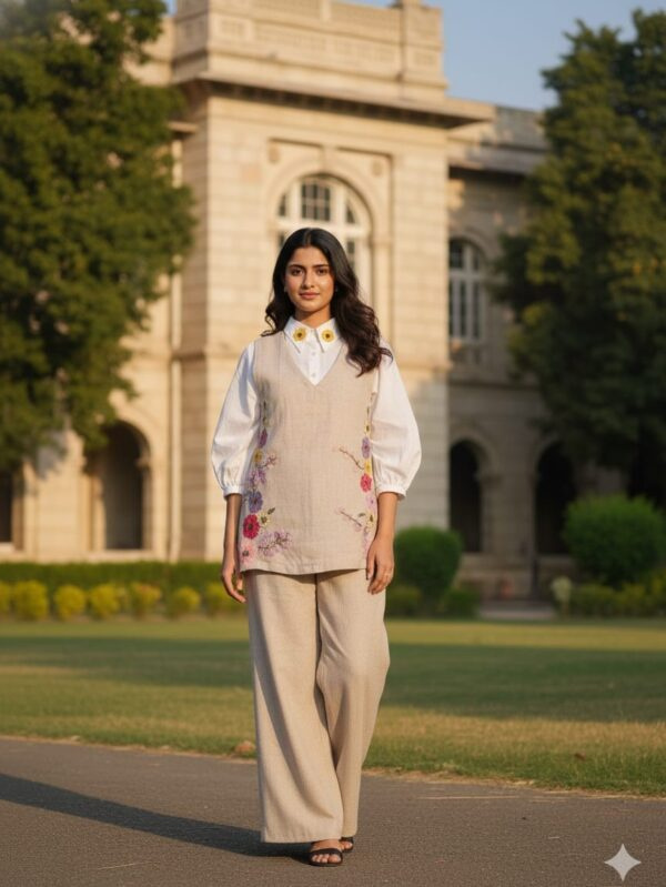 Elegant 3-Piece Co-Ord Set for women | Embroidered Jute & Cotton Outfit