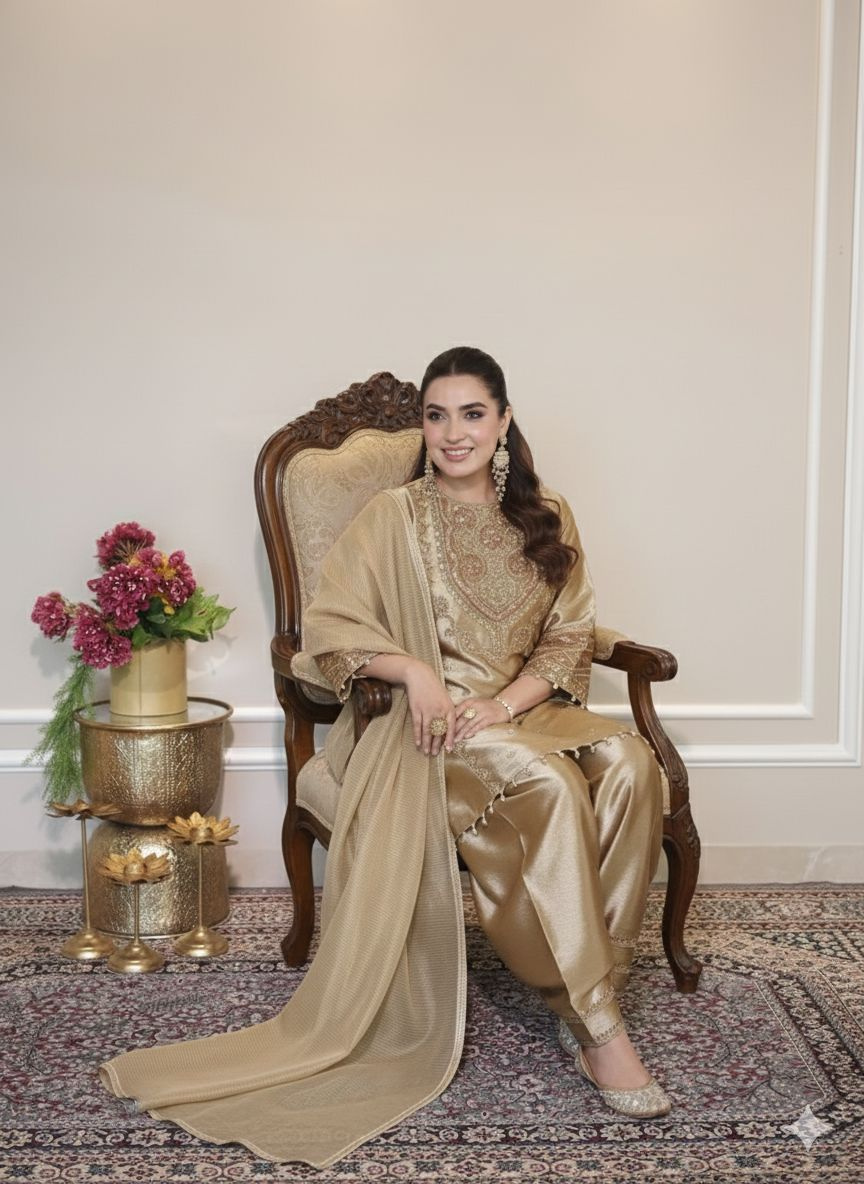 Trendy Golden Outfit for Wedding Season - Image 2