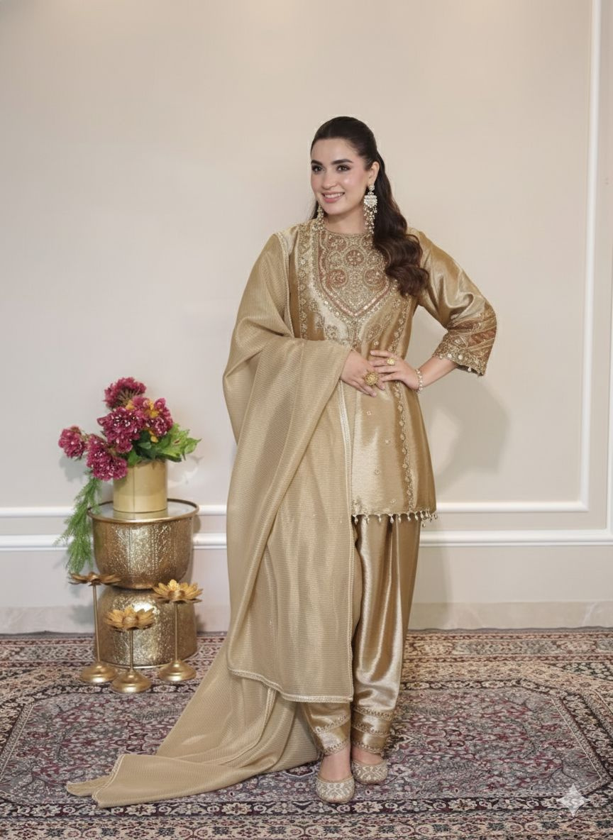 Trendy Golden Outfit for Wedding Season