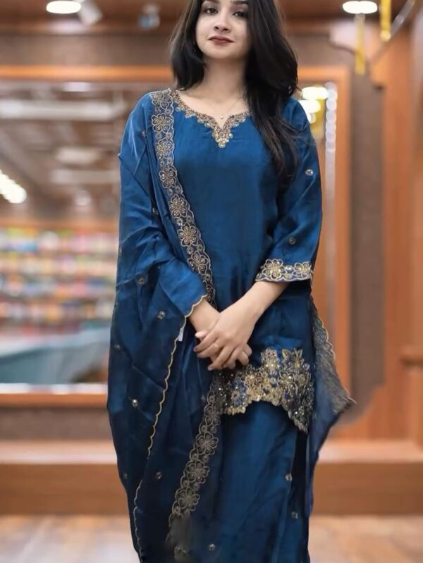 Fabric Detail 👚Top👚 Top Fabric : Pure GMY SILK With Heavy Embroidery Sequence Work And Full Sleeve Top Inner :Heavy Micro Cotton Top Length : 38-39Inch Top Size. : M(38),L(40), Xl(42), Xxl(44) Bottom Fabrics : Pure GMY SILK With Embroidered Sequence Work Pent Length:40-41 Inch Dupatta Fabric :Pure GMY SILK With Embroidery Sequence Work With Lace Border