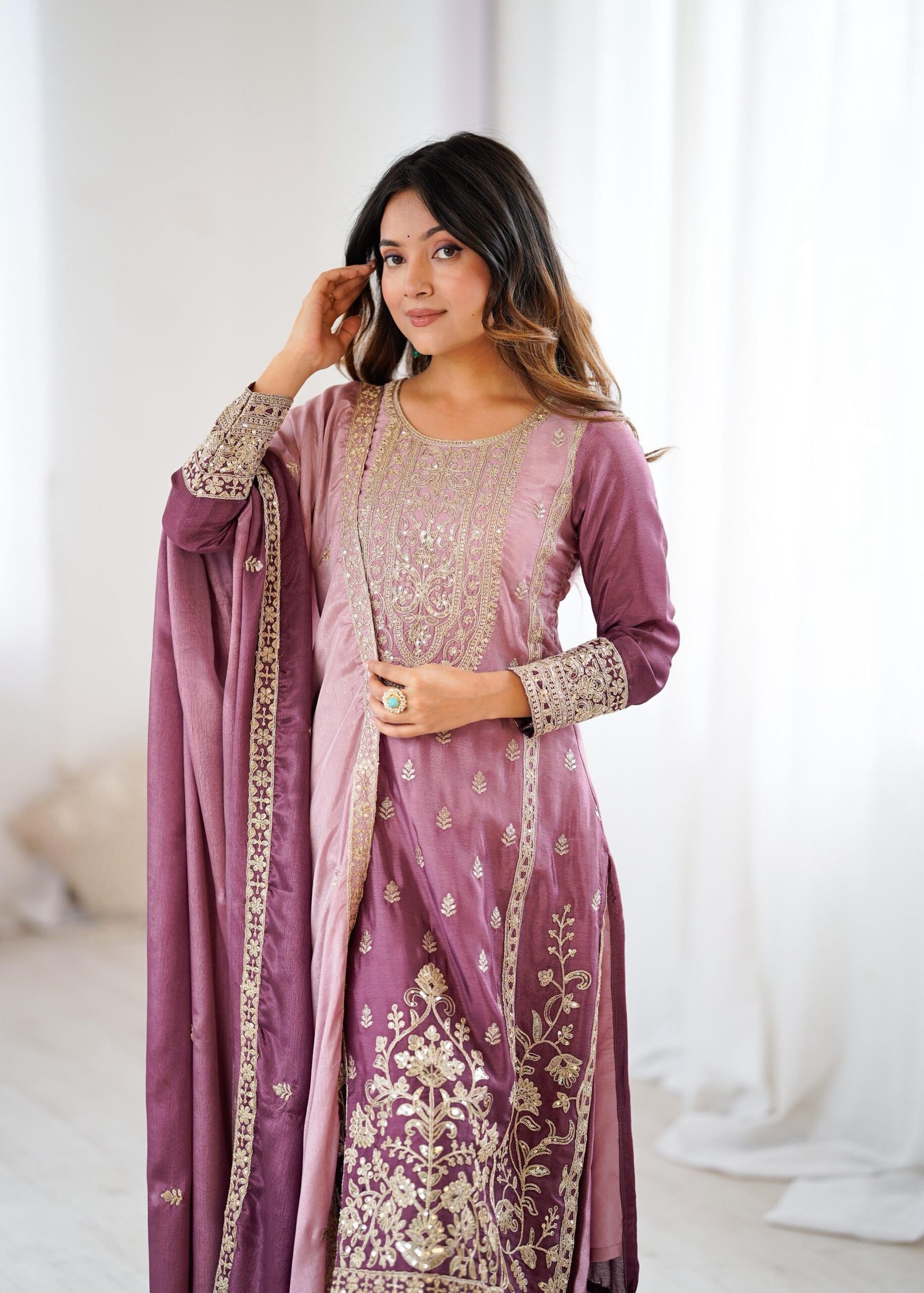 Shaded Chinon Silk Party Wear Suit Set