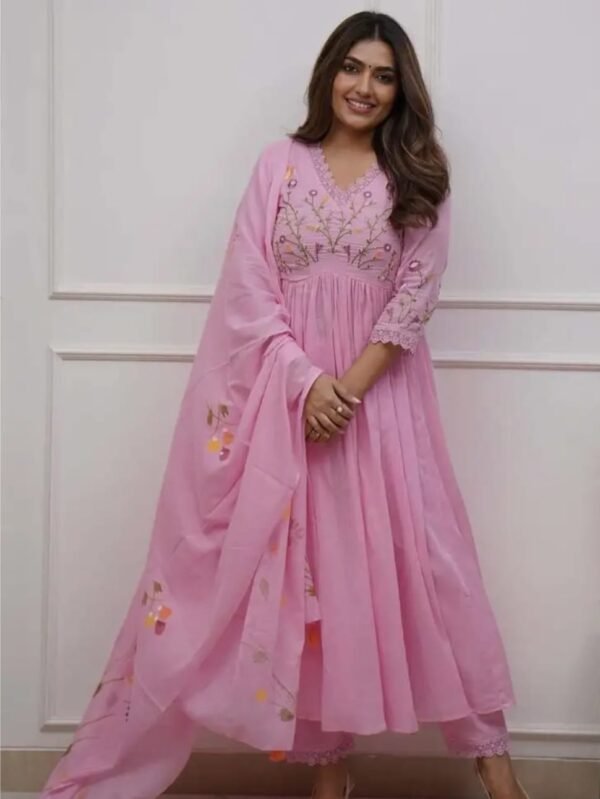 Baby Pink Cotton Embroidered 3 Piece Suit Set for Women – Kurti Pant with Dupatta - thecloset co