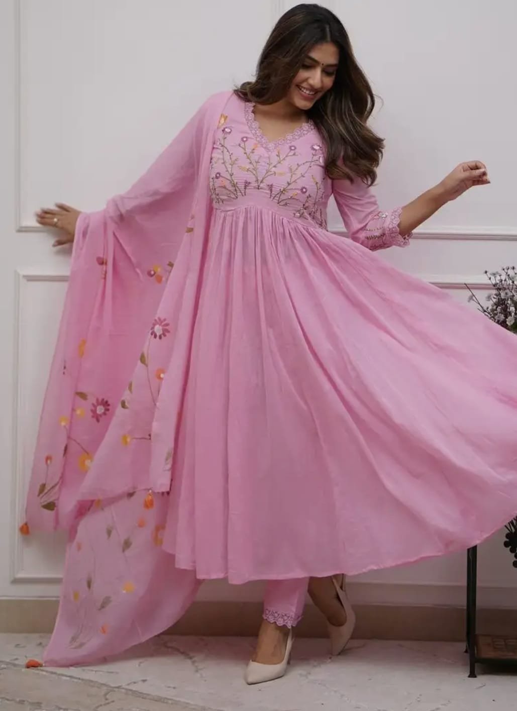 Baby Pink Cotton Embroidered 3 Piece Suit Set for Women – Kurti Pant with Dupatta - thecloset co