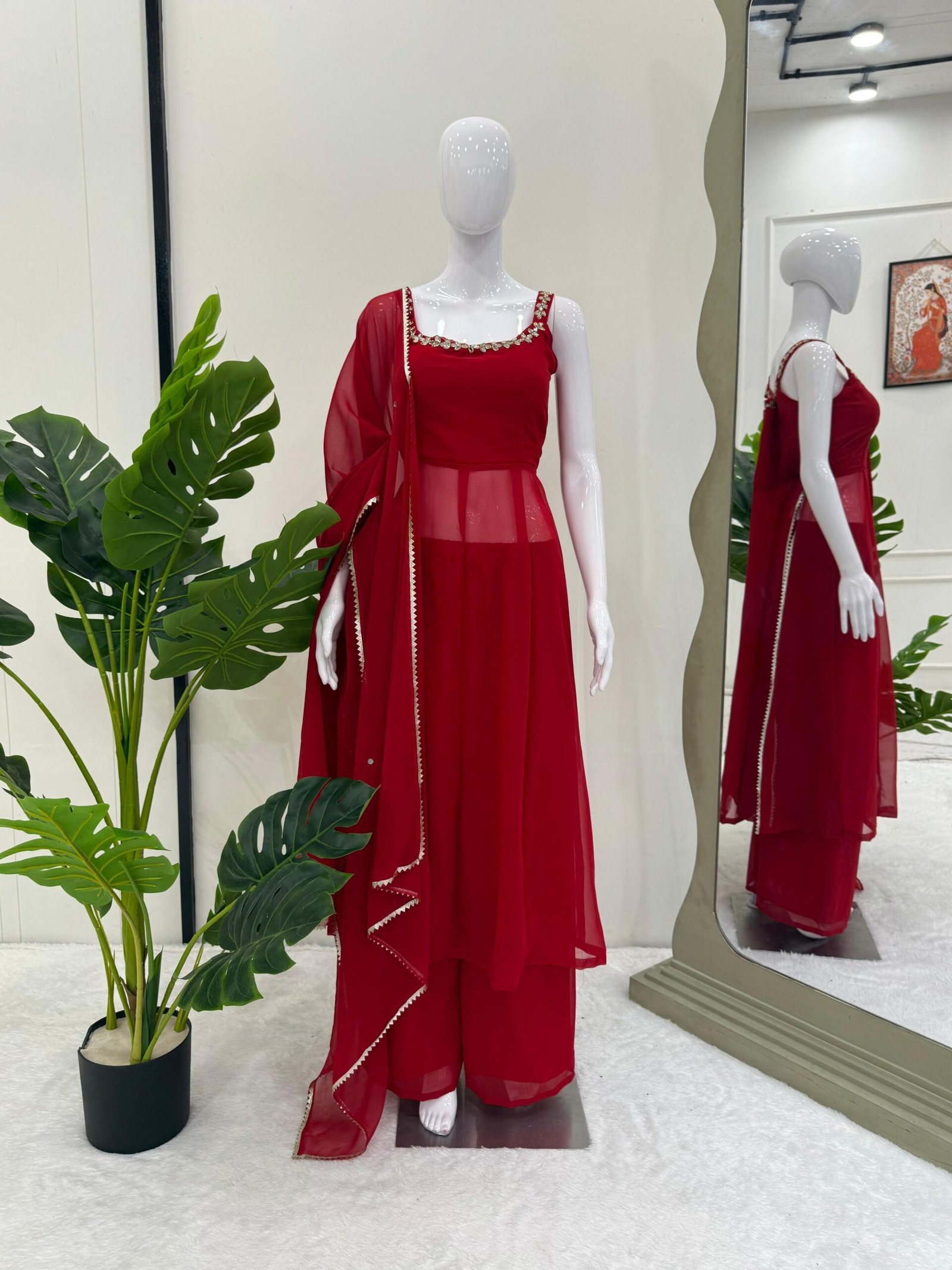 Bold & Beautiful Red for Fashion Lovers ♥️ Red Mirror Work Kurta Palazzo Set for Women