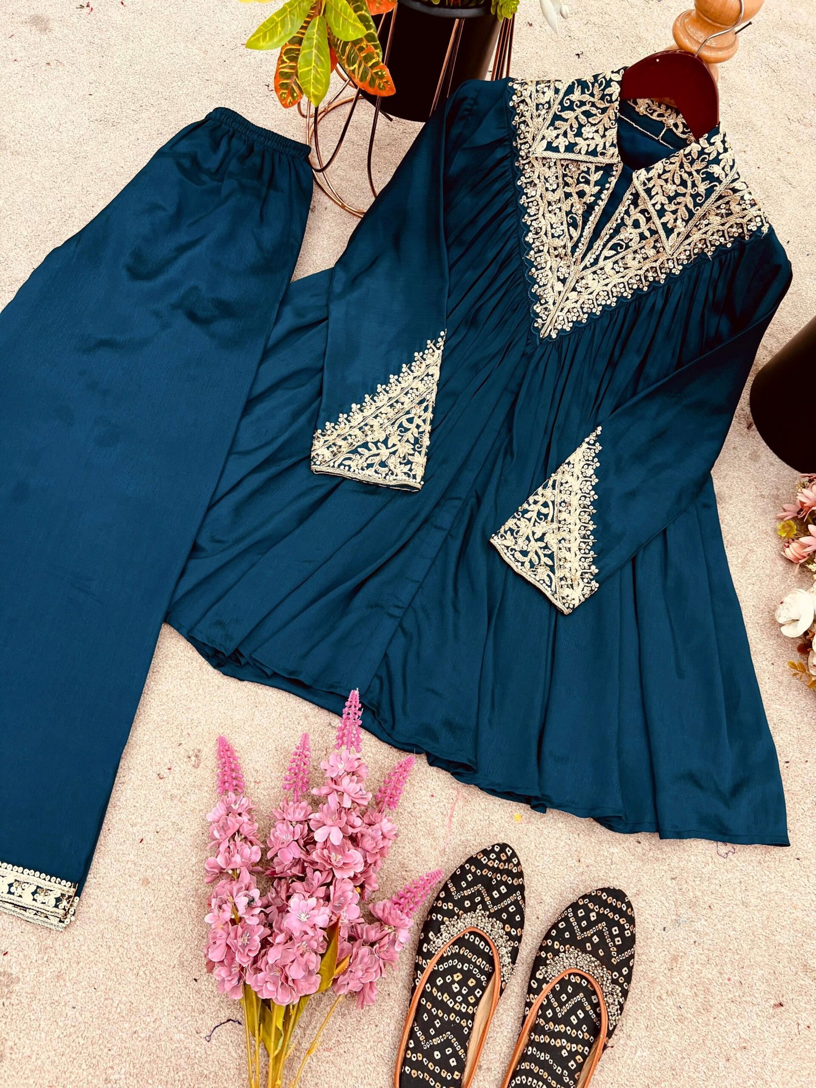 Cord Set for Women – Heavy Chinon Embroidery Sequence Work Top & Plazzo Set (M-XXL)