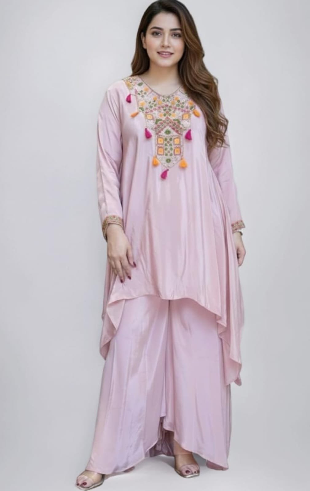 Pink French Crepe Co-ord Set with Heavy Embroidery | Festive Kurti Palazzo Set for Women - Image 7